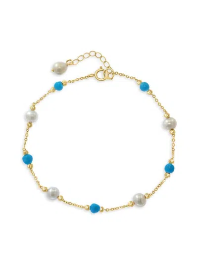SAKS FIFTH AVENUE WOMEN'S 14K YELLOW GOLD, 4.5MM POTATO SHAPE FRESHWATER PEARL & TURQUOISE STATION BRACELET