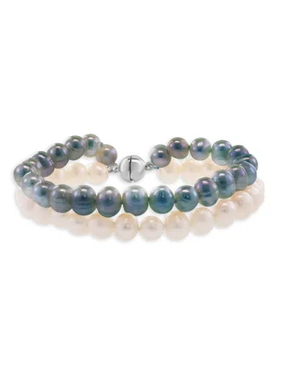 SAKS FIFTH AVENUE WOMEN'S STERLING SILVER, 6.3MM GREY & WHITE FRESH WATER PEARL 2-STRAND BRACELET