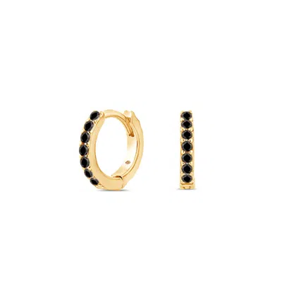 SALLY SKOUFIS WOMEN'S GOLD / BLACK LIGHT HUGGIE EARRINGS WITH MAN MADE BLACK CZ DIAMOND STIMULANT IN STERLING SILV