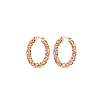 SALLY SKOUFIS WOMEN'S GOLD / PINK LUXE GRANDE HOOP EARRINGS WITH MAN MADE PINK CZ DIAMOND STIMULANT IN 18K GOLD VE