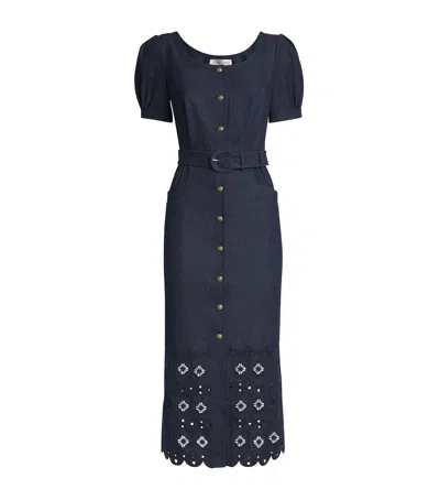 SALONI DENIM EMBROIDERED BLANCA MIDI DRESS