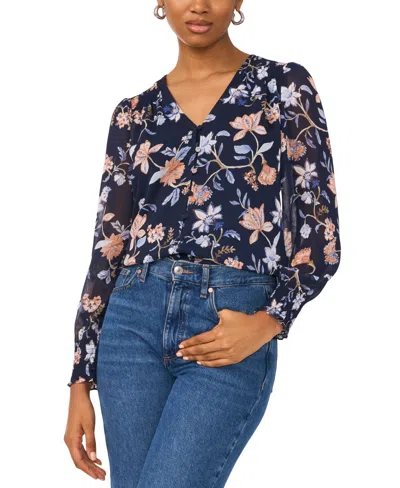 SAM & JESS WOMEN'S FLORAL SMOCKED-CUFF V-NECK BLOUSE