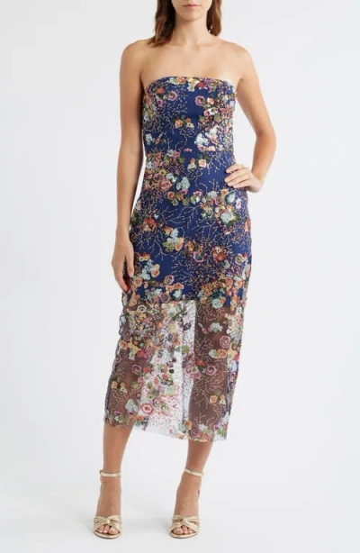 SAM EDELMAN SAM EDELMAN FLORAL SEQUIN STRAPLESS MIDI DRESS