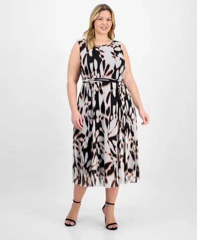 SANDRA DARREN PLUS SIZE BELTED PRINTED SLEEVELESS MIDI DRESS