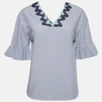 SANDRO BLUE STRIPED COTTON NECK DETAIL BLOUSE S