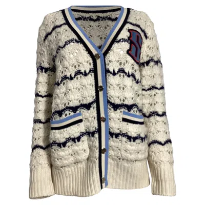 SANDRO KNITTED LUDVIK LOGO-PATCH CARDIGAN IN CREAM WOOL