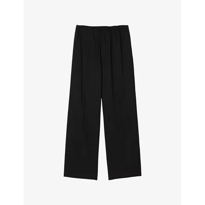 SANDRO MENS NOIR / GRIS ELASTICATED-WAIST WIDE-LEG STRETCH WOOL-BLEND TROUSERS