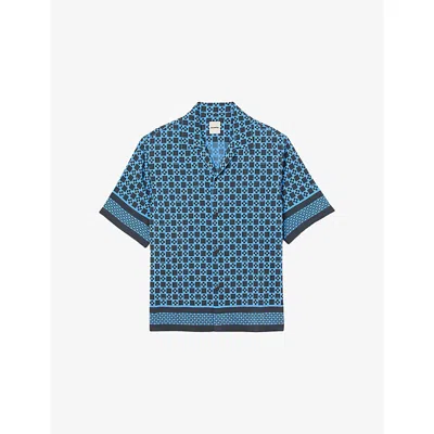 SANDRO MENS SKY BLUE SQUARE CROSS-PRINT SHORT-SLEEVE SATIN SHIRT