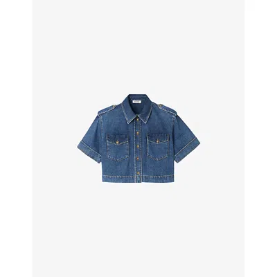 SANDRO WOMENS BLUE JEAN CROPPED CHEST-POCKET DENIM SHIRT