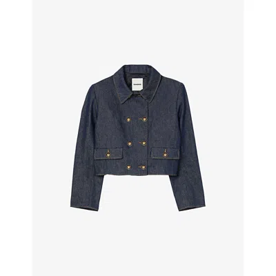 SANDRO WOMENS DEEP BLUE FLAP-POCKET DOUBLE-BREASTED DENIM JACKET