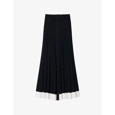 SANDRO WOMENS NAVY BLUE CONTRAST-HEM BUTTON-DOWN KNITTED MAXI SKIRT