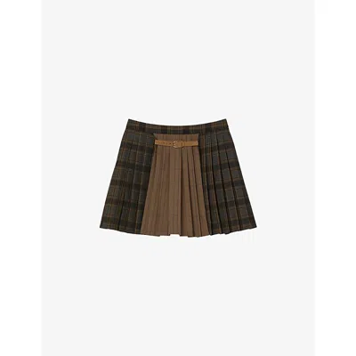 SANDRO WOMENS OCHER / BLUE CHECKED PLEATED WOVEN MINI SKIRT