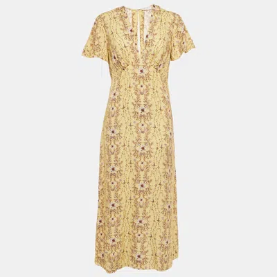 SANDRO YELLOW FLORAL PRINT CREPE V-NECK MIDI DRESS S
