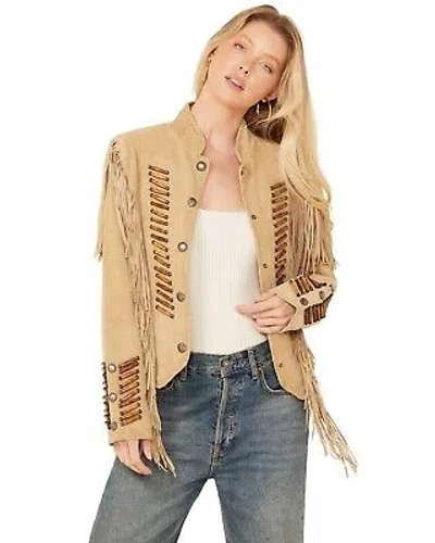 SCULLY SCULLY WOMEN'S BEADED AND LACE FRINGE JACKET TAN LARGE