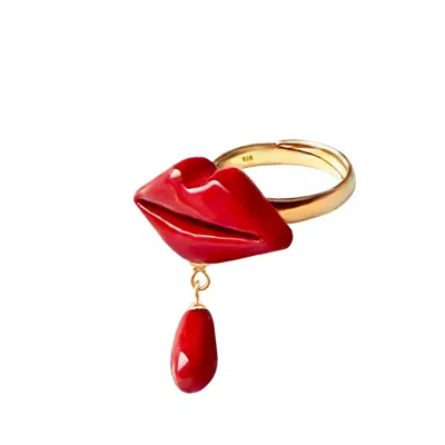 SCULP WOMEN'S RED / GOLD LIPSTICK DROP RED LIPS DANGLE RING