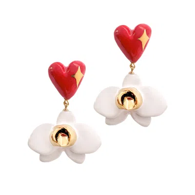 SCULP WOMEN'S GOLD / WHITE / RED SHOW ME LOVE ORCHID AND HEART DANGLE EARRINGS