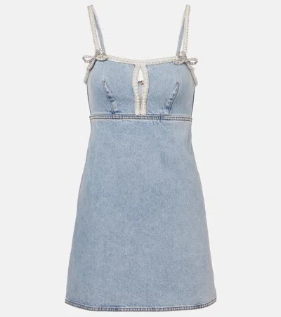 SELF-PORTRAIT EMBELLISHED BOW-DETAIL DENIM MINIDRESS