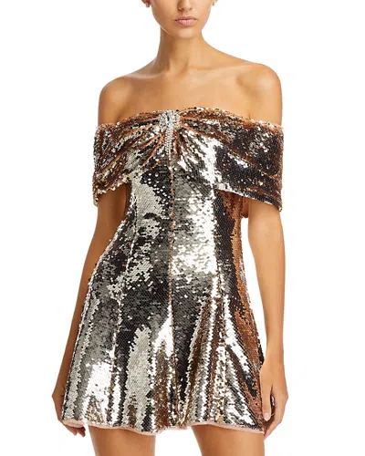 SELF-PORTRAIT SELF-PORTRAIT GOLD SEQUIN OFF THE SHOULDER MINI DRESS