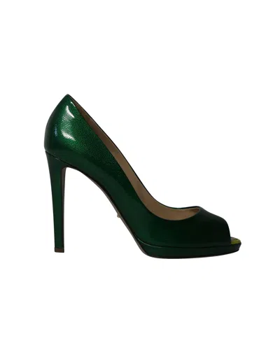 SERGIO ROSSI PEEP TOE PUMPS IN GREEN PATENT LEATHER