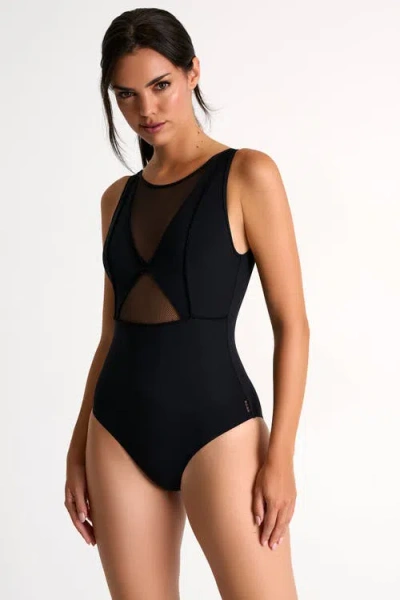 SHAN SHAN HIGH-NECK GRID MESH ONE-PIECE