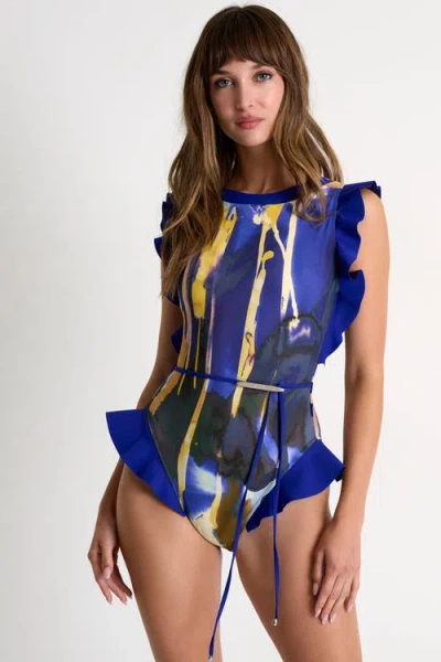 SHAN SHAN HIGH-NECK ONE-PIECE SWIMSUIT WITH RUFFLED SHOULDERS