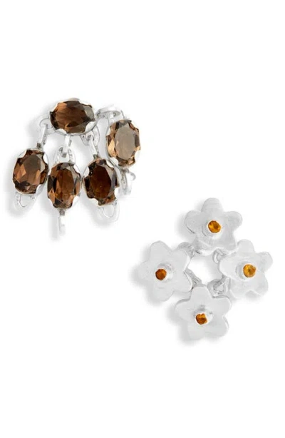 SHANA CAVE SHANA CAVE FLOWER & LEAF CLUSTER MISMATCHED STUD EARRINGS