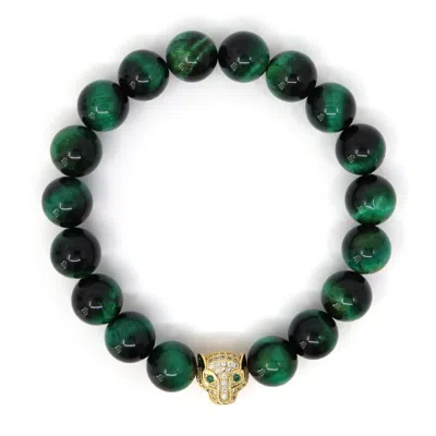 SHAR OKE MEN'S GREEN / GOLD GREEN TIGER'S EYE & GOLD JAGUAR BRACELET