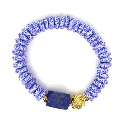 SHAR OKE WOMEN'S WHITE / BLUE / GOLD BLUE & WHITE AFRICAN GLASS & BALI BRACELET
