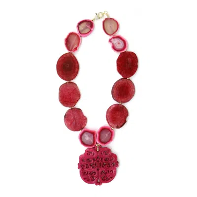 SHAR OKE WOMEN'S GOLD / PINK PINK AGATE & JADE CARVED PENDANT STATEMENT NECKLACE