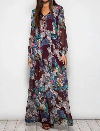 SHE + SKY LONG SLEEVE FLORAL MAXI DRESS IN PLUM