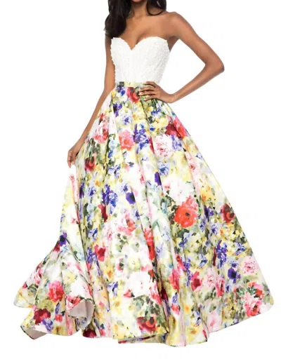 SHERRI HILL BEADED CORSET BODICE PROM DRESS IN IVORY/PRINT