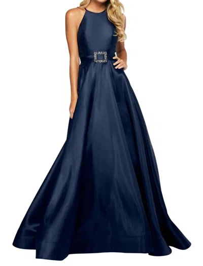 SHERRI HILL HIGH-CUT HALTER PROM DRESS IN NAVY