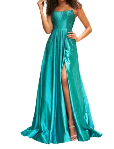 SHERRI HILL SCOOP NECKLINE LACE UP OPEN BACK SATIN PROM DRESS IN JADE