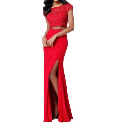 SHERRI HILL TWO-PIECE CROSS-STITCH PROM DRESS IN RED