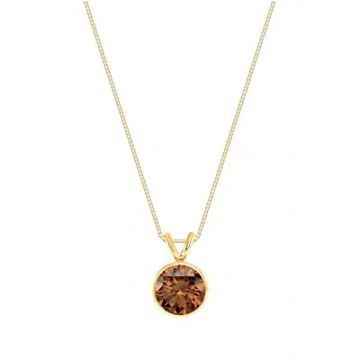SHINE BRITE WITH A DIAMOND 2.25 CT ROUND CUT BROWN SOLID REAL 18K YELLOW GOLD BEZEL PENDANT 18" NECKLACE