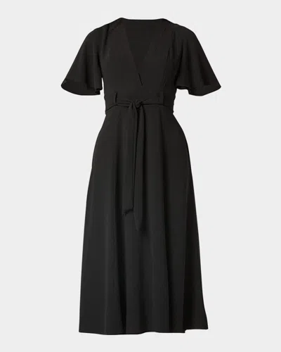 SHOSHANNA MOLLY BELTED FLUTTER-SLEEVE MIDI DRESS
