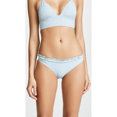 SHOSHANNA RUFFLE EDGE BIKINI BOTTOM IN CHAMBRAY PINSTRIPE