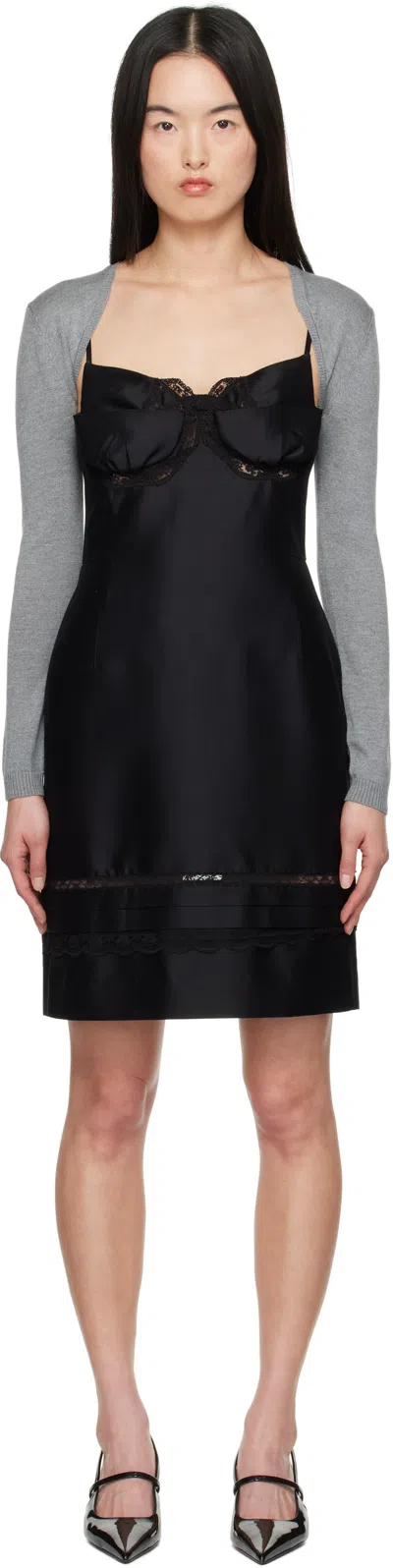 SHUSHU-TONG BLACK DOUBLE-BODICE BOW SLING MIDI DRESS