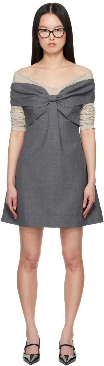 SHUSHU-TONG GRAY BOW OFF SHOULDER MINIDRESS