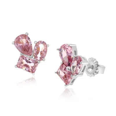 SHYMI WOMEN'S SILVER / PINK MULTI SHAPE THREE STONE STUDS- PINK & SILVER