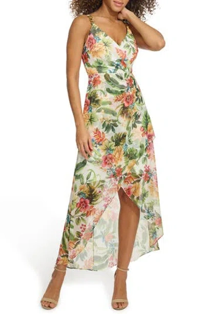 SIENA SIENA FLORAL SOUFLEE CREPE FAUX WRAP MIDI DRESS