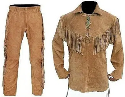 SIGMA MEN'S NATIVE AMERICAN BUCKSKIN SUEDE LEATHER FRINGE WAR SHIRT AND PANT SUIT