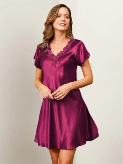 SILKSILKY SILKSILKY PURE SILK LACE NECK SPLIT HEM NIGHTGOWN