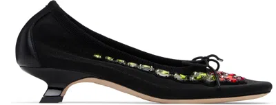 SIMONE ROCHA BLACK EMBELLISHED FLOWER MESH BALLERINA HEELS