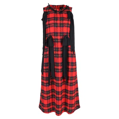 SIMONE ROCHA EMBELLISHED CREPE-TRIMMED TARTAN GEORGETTE MIDI DRESS IN RED POLYESTER
