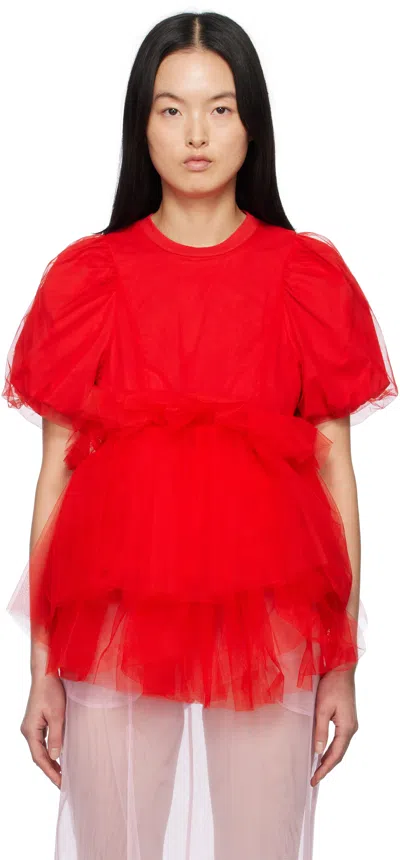 SIMONE ROCHA RED TULLE OVERLAY PUFF SLEEVE TUTU HEM T-SHIRT
