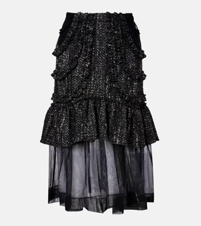 SIMONE ROCHA TULLE-TRIMMED HIGH-RISE TWEED MIDI SKIRT