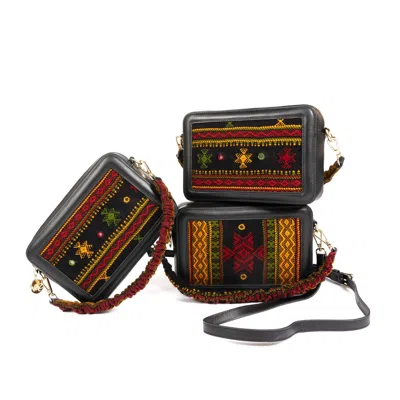 SJW BAGS LONDON WOMEN'S NEUTRALS / BLACK / RED PERAZZI GUJARATI WOVEN TEXTILE & LEATHER CROSS BODY BAG