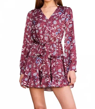 SKIES ARE BLUE LONG SLEEVE BOHO FLORAL MINI DRESS IN BURGUNDY MULTI