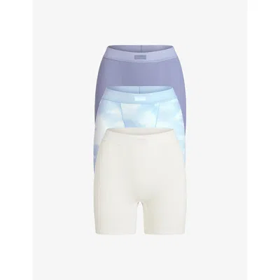 SKIMS WOMENS RIBBED HIGH-RISE PACK OF THREE COTTON-JERSEY BOXERS BLUE QUARTZ CLOUD MULTI